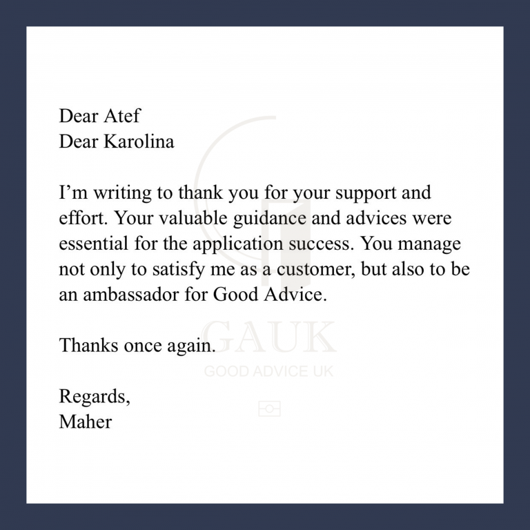 positive client review thanking GAUK for their support and efforts through consistent guidance and advising